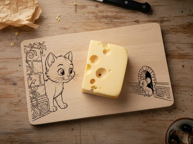Tabua de queijo gravada em pinho